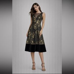 Theia midi V-Neck jacquard sleeveless cocktail dress